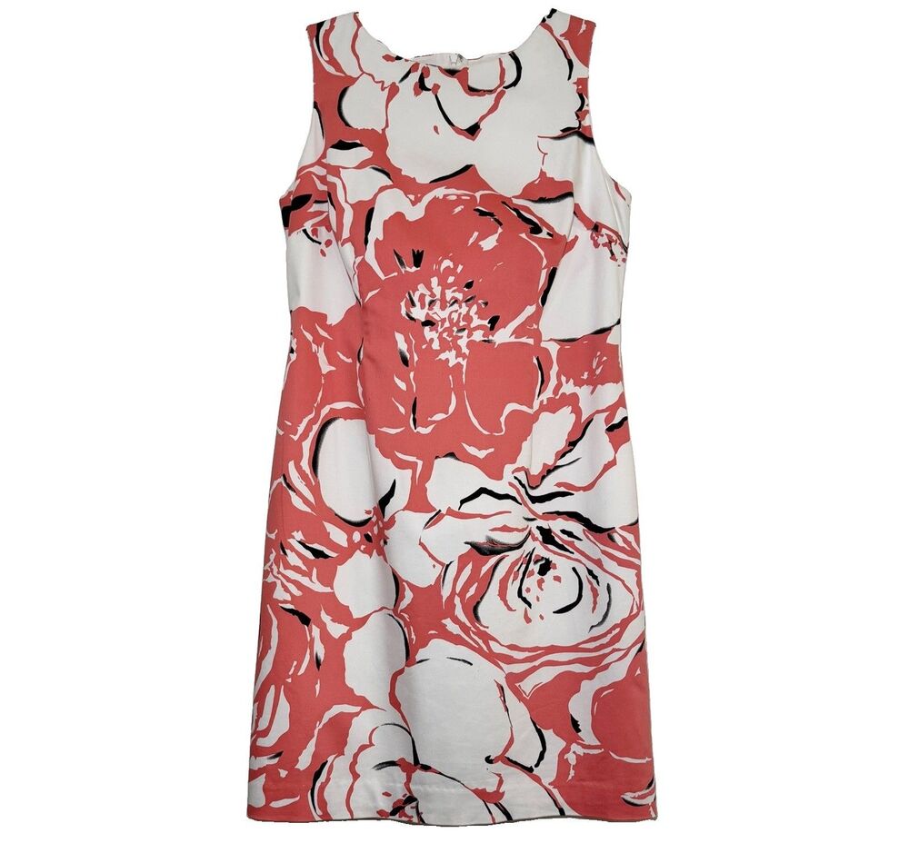 Talbots Petites 10P Coral White Floral Sheath Dress Sleeveless Stretch Lined